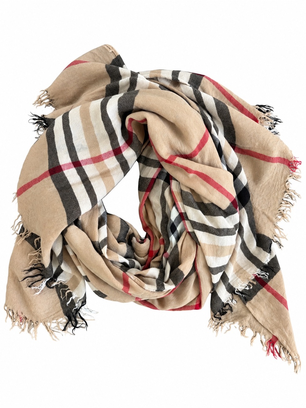 Tan Plaid Oversized Scarf Wrap Red Black White Fringe 31x79
